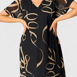 Allegra Dress Black Printed Abstracto in Oro and V-neckline