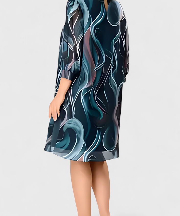 Almira Dress of Gasa Printed Ocean Whirl and Cut Flowy