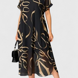 Allegra Dress Black Printed Abstracto in Oro and V-neckline