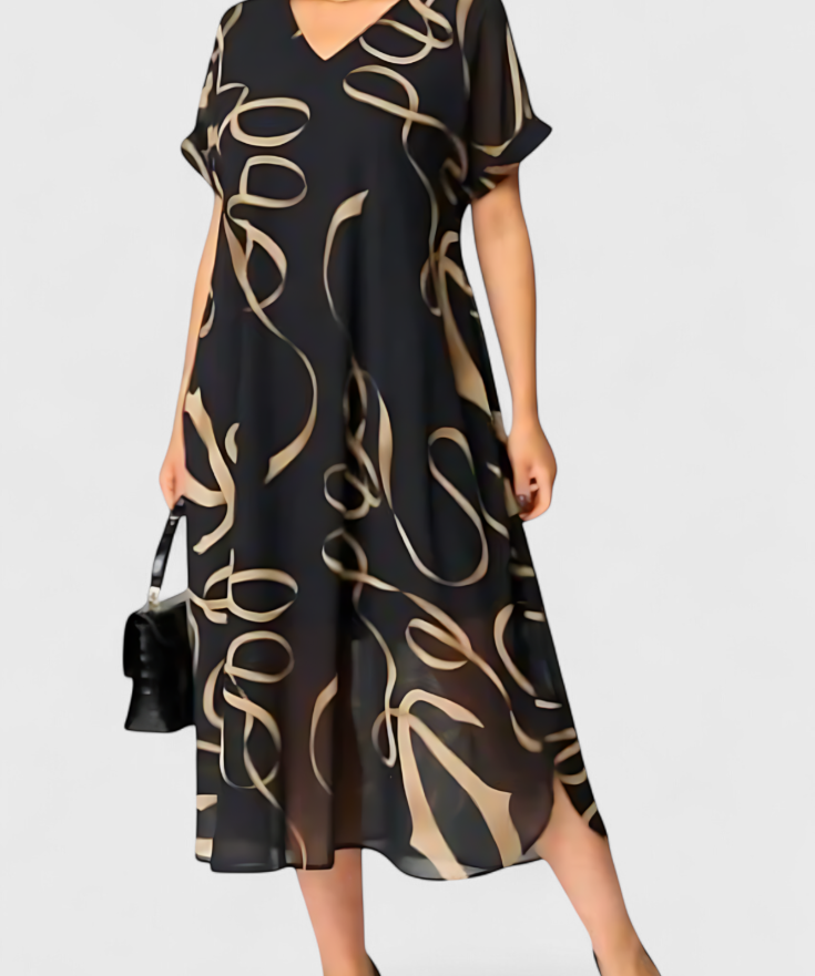 Allegra Dress Black Printed Abstract in Gold and V-neckline