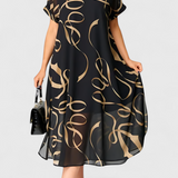 Allegra Dress Black Printed Abstracto in Oro and V-neckline