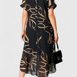 Allegra Dress Black Printed Abstracto in Oro and V-neckline
