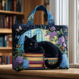 Ángela™ | Bolso Tote Artisan Printed of Gato Black and Libros