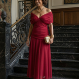 Calena™ | Dress Midi Off-Shoulder with Neckline Drapeado