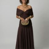 Calena™ | Dress Midi Off-Shoulder with Neckline Drapeado