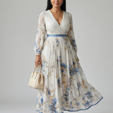 Riana™ | Dress Midi Cruzado Floral with Skirt Pleated and Long-Sleeve