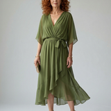 Elvira™ | Dress Midi Drapeado with Cinturón and Sleeve Codo