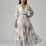 Riana™ | Dress Midi Cruzado Floral with Skirt Pleated and Long-Sleeve
