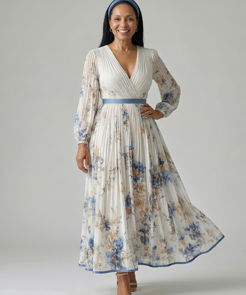 Riana™ | Dress Midi Cruzado Floral with Skirt Pleated and Long-Sleeve