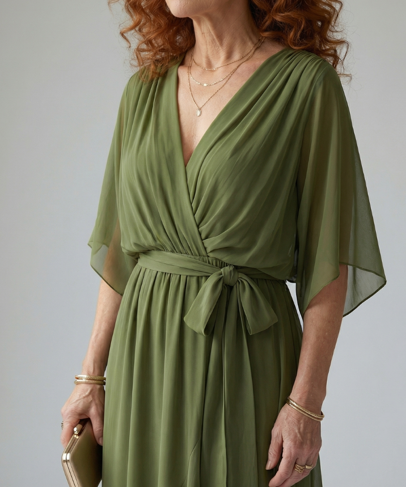 Elvira™ | Dress Midi Drapeado with Cinturón and Sleeve Codo