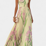 Calanthe Dress Long Pleated Printed Floral and Neckline Square