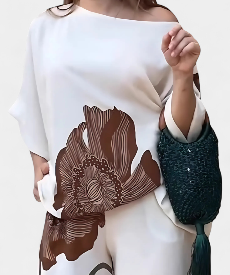 Sybella Set Floral of two-piece with Hombro Descubierto and Trousers Recto
