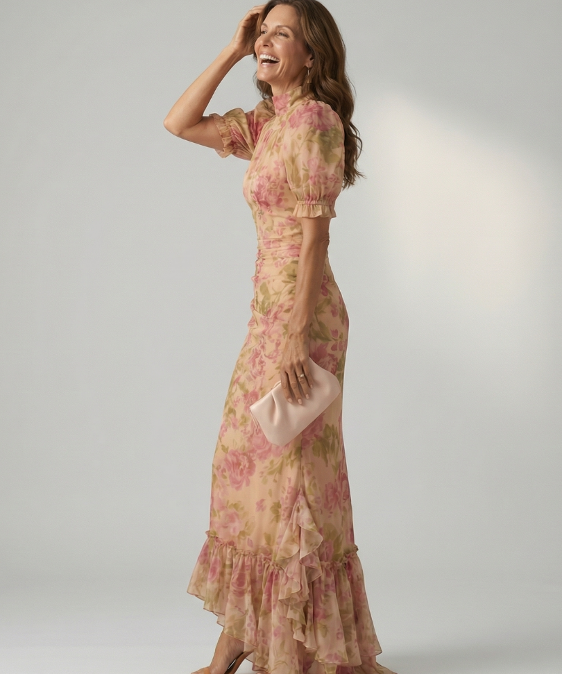 Viviana™ | Dress Maxi Floral with High Neck and Sleeve Abullonada