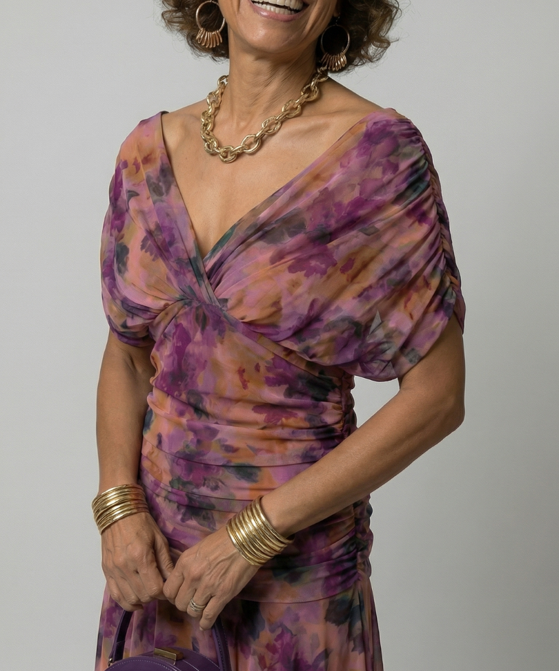 Calena™ | Dress Midi Off-Shoulder with Neckline Drapeado