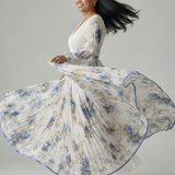 Riana™ | Dress Midi Cruzado Floral with Skirt Pleated and Long-Sleeve