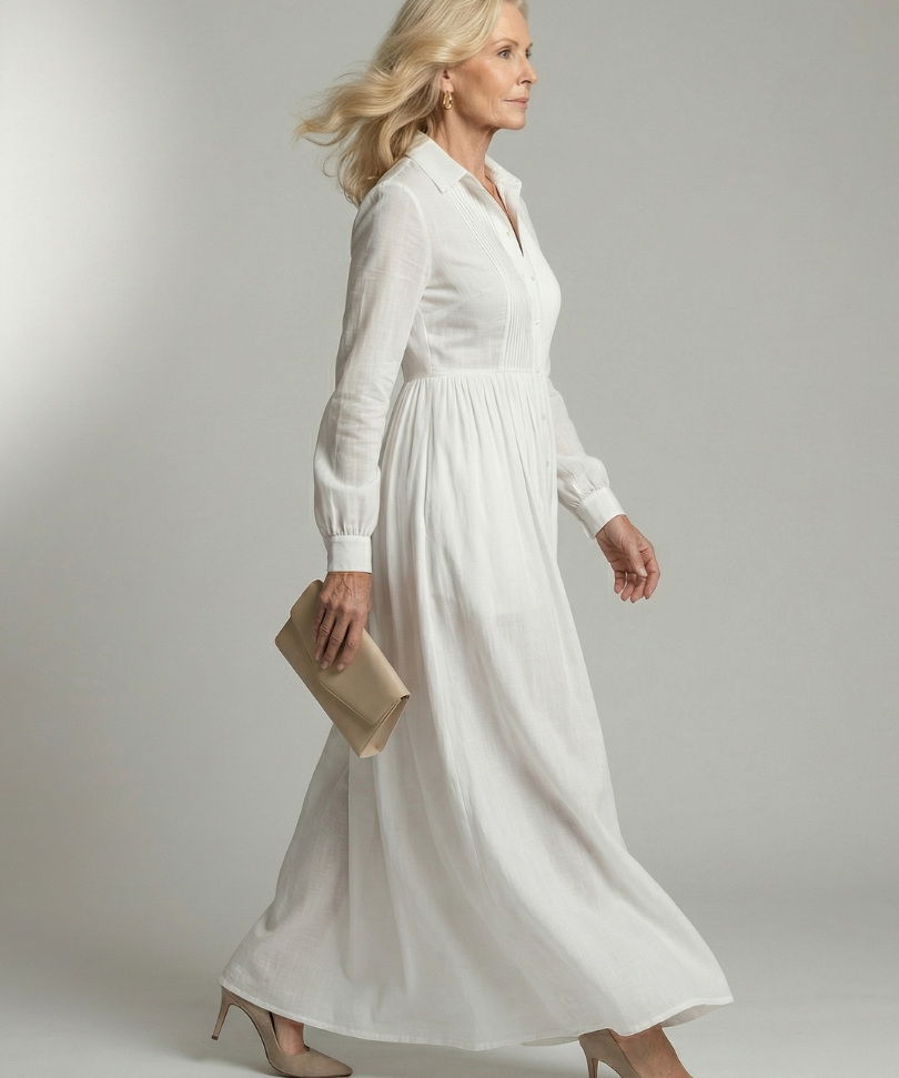 Lorena™ | Dress Maxi White of Long-Sleeve with Buttons and pockets