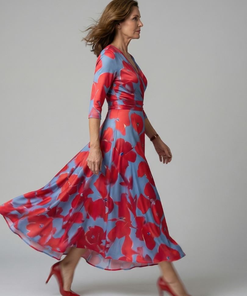 Celeste™ | Dress Midi Floral with Neckline Cruzado and Sleeve Three Cuartos