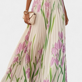 Calanthe Dress Long Pleated Printed Floral and Neckline Square