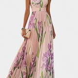 Calanthe Dress Long Pleated Printed Floral and Neckline Square