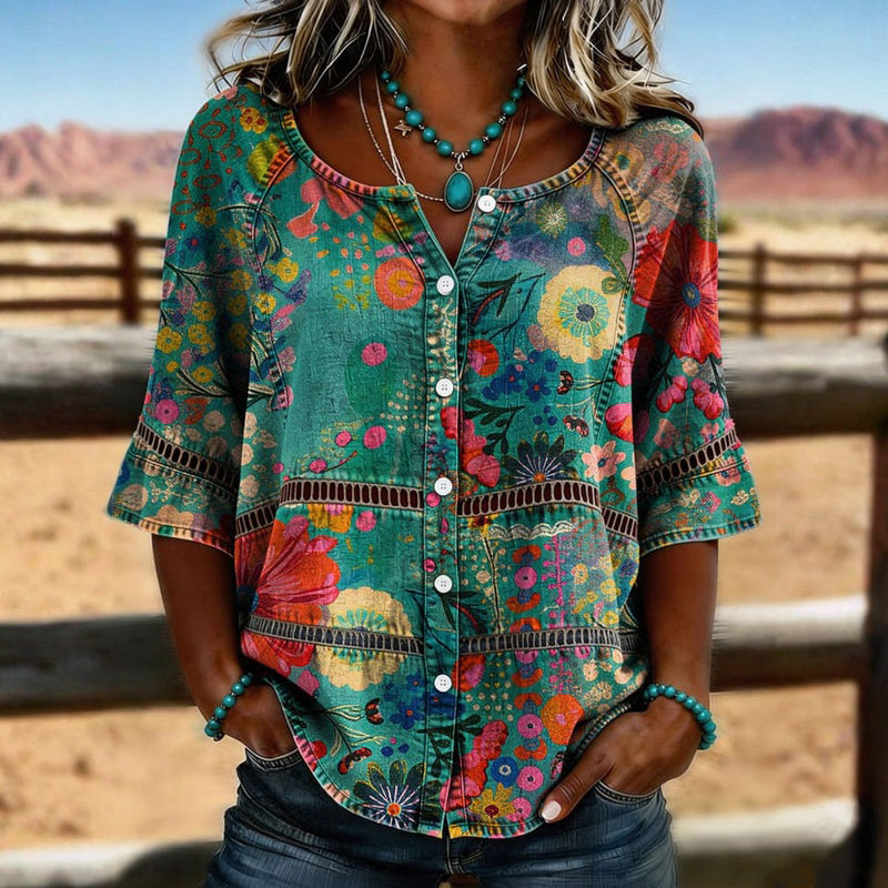 Milagros™ | Shirt Vintage Floral Multicolor of Sleeve Three Cuartos