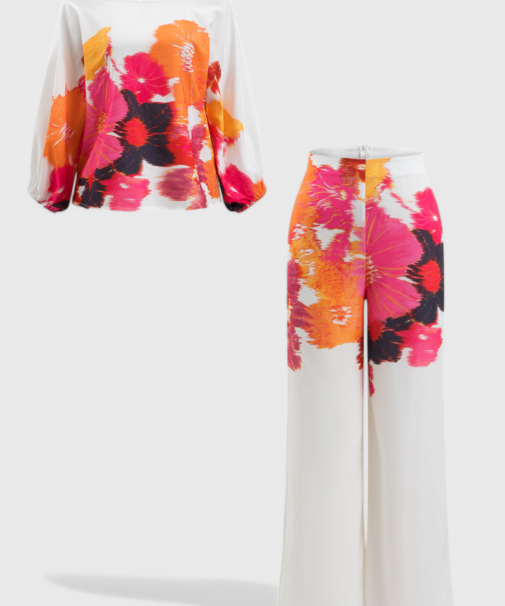 Sybella Two-Piece Set with Off-Shoulder and Wide-Leg Trousers Prints
