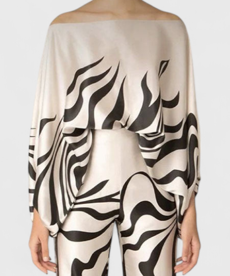 Sybella Two-Piece Set with Off-Shoulder and Wide-Leg Trousers Prints