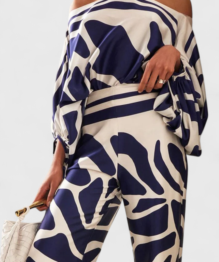 Sybella Two-Piece Set with Off-Shoulder and Wide-Leg Trousers Prints