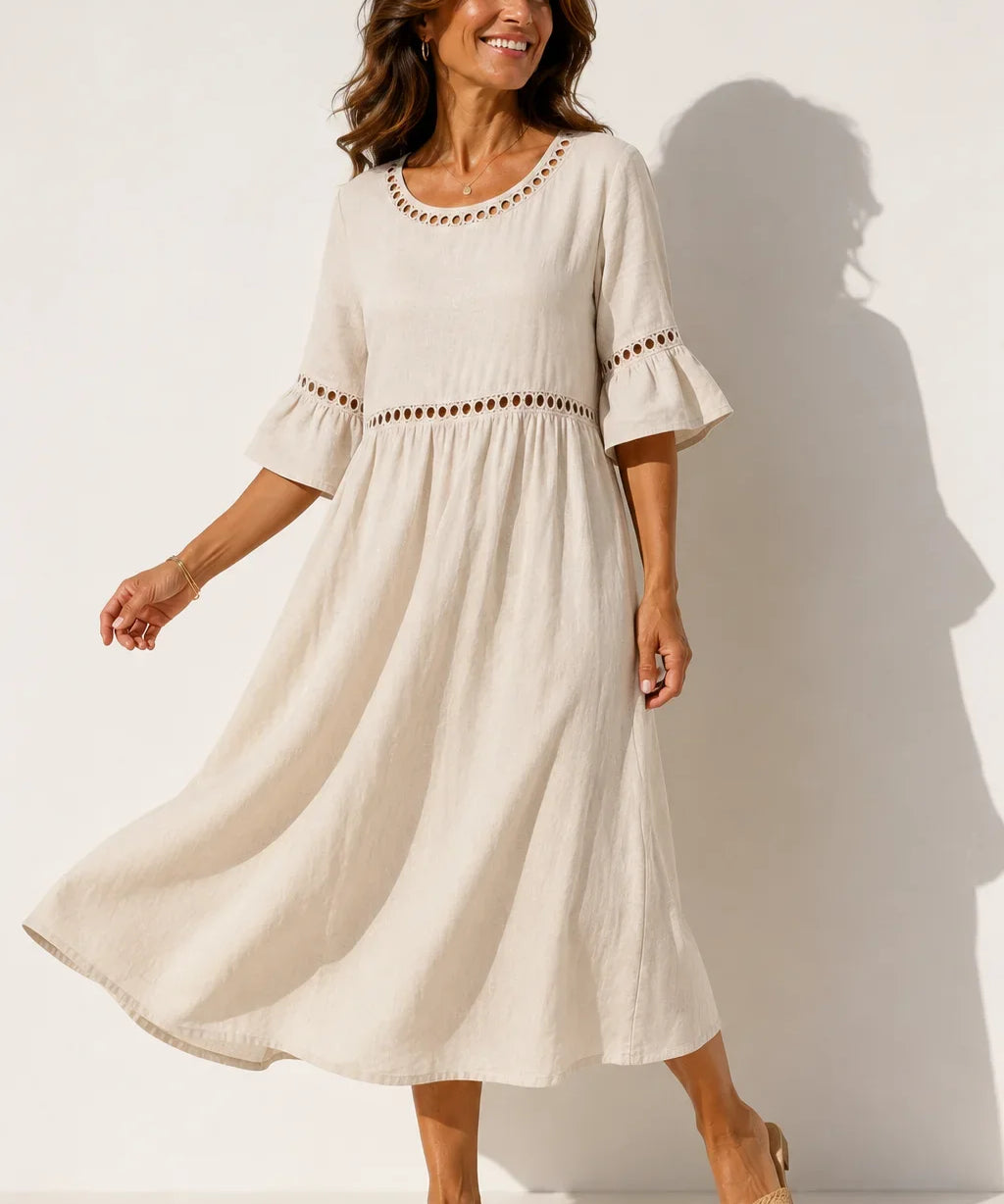 Carmela™ | Dress Midi of Linen with round neckline and Sleeve Ruffle