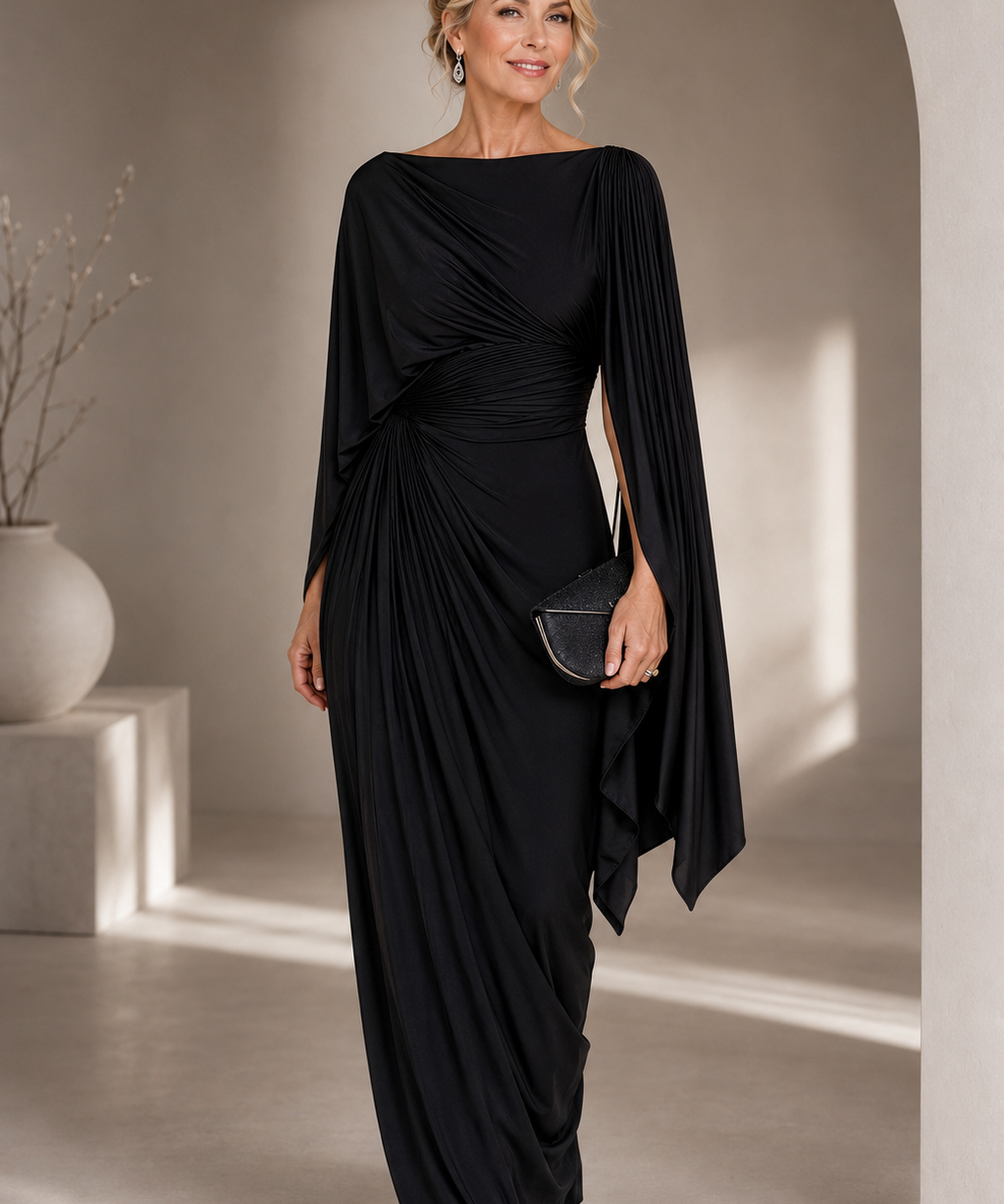 AlmudenaTM | Dress Long Pleated with Sleeve Cape