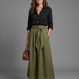 Vera™ | Set Blouse Black and Skirt Midi Green Oliva