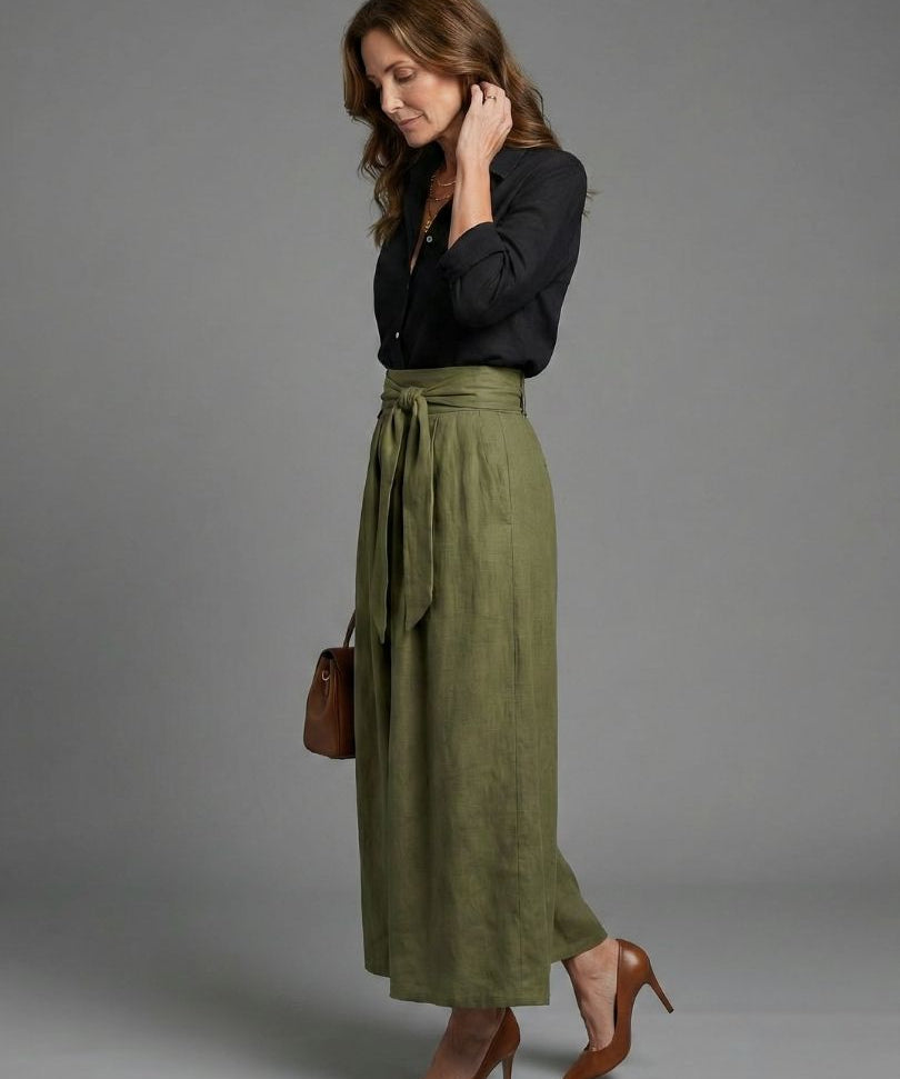 Vera™ | Set Blouse Black and Skirt Midi Green Oliva
