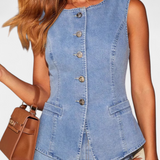Ludovica Set of Denim with Vest Fitted and Jeans Wide-Leg