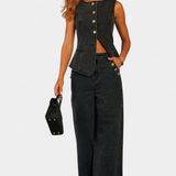 Ludovica Set of Denim with Vest Fitted and Jeans Wide-Leg