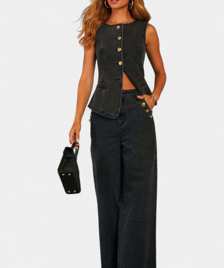 Ludovica Set of Denim with Vest Fitted and Jeans Wide-Leg