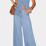 Ludovica Set of Denim with Vest Fitted and Jeans Wide-Leg