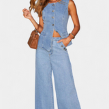 Ludovica Set of Denim with Vest Fitted and Jeans Wide-Leg