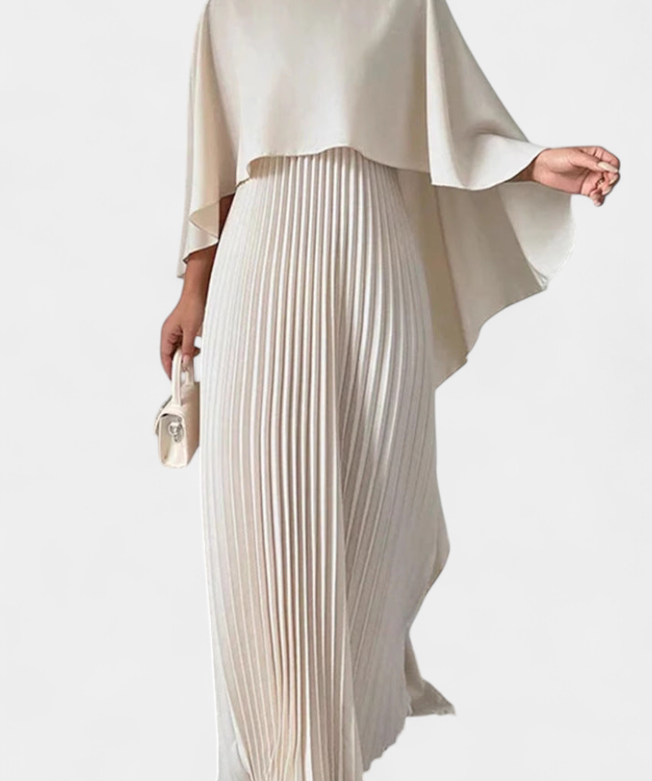 Jane Dress Maxi of High Neck with Pleats and Sleeves of Ruffle