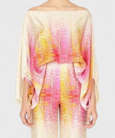 Sybella Two-Piece Set with Off-Shoulder and Wide-Leg Trousers Prints