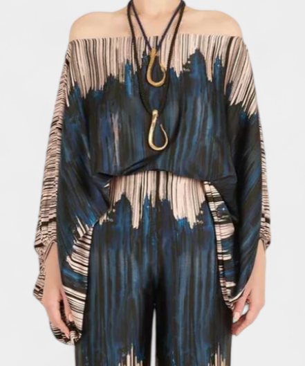 Sybella Two-Piece Set with Off-Shoulder and Wide-Leg Trousers Prints