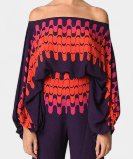 Sybella Two-Piece Set with Off-Shoulder and Wide-Leg Trousers Prints