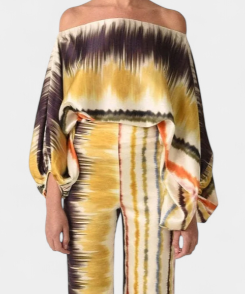 Sybella Two-Piece Set with Off-Shoulder and Wide-Leg Trousers Prints