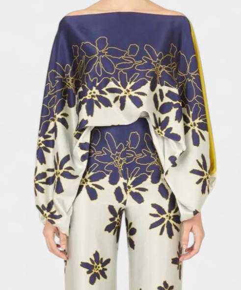 Sybella Two-Piece Set with Off-Shoulder and Wide-Leg Trousers Prints