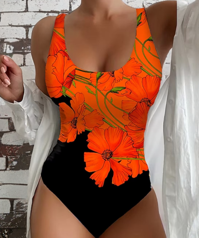 Práxedes™ | Floral Orange One-Piece Swimsuit with Straps