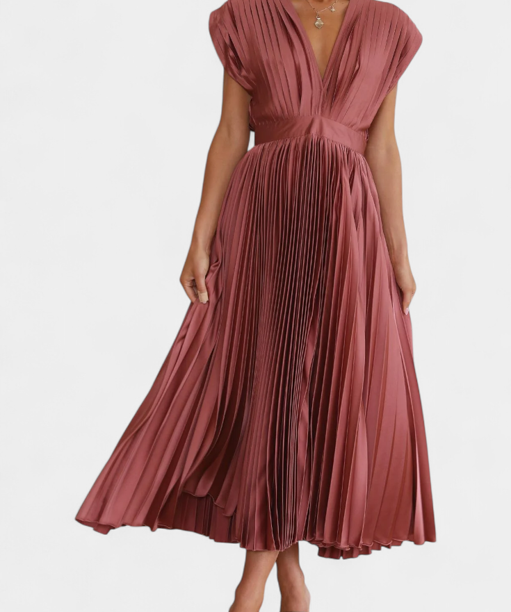 Mireia Dress of Pleats with Neckline Drapeado and High-Waisted