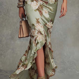 Isabela™ | Dress Long Floral in Satén with V-neckline and Sleeve Ruffle