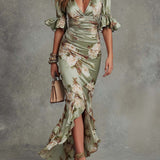 Isabela™ | Dress Long Floral in Satén with V-neckline and Sleeve Ruffle