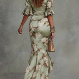 Isabela™ | Dress Long Floral in Satén with V-neckline and Sleeve Ruffle