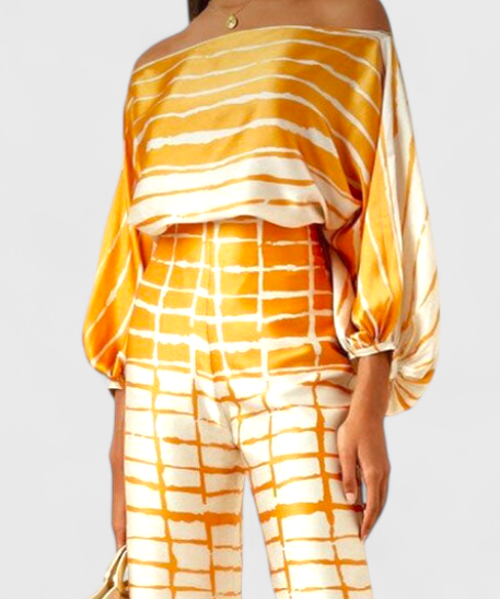 Sybella Two-Piece Set with Off-Shoulder and Wide-Leg Trousers Prints