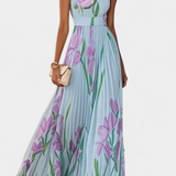 Calanthe Dress Long Pleated Printed Floral and Neckline Square