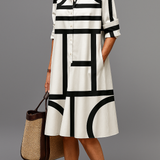 Leocadia™ | Dress Midi Geométrico White and Black